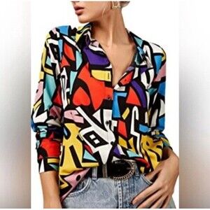 Big Dart Women’s Abstract Colorful Button Down Top Pop Art  Artsy Size Medium